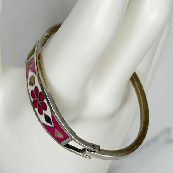 Vintage Silver Tone Abalone Shell Flower Inlay Hinge Child's Bangle ✨ - Picture 6 of 10
